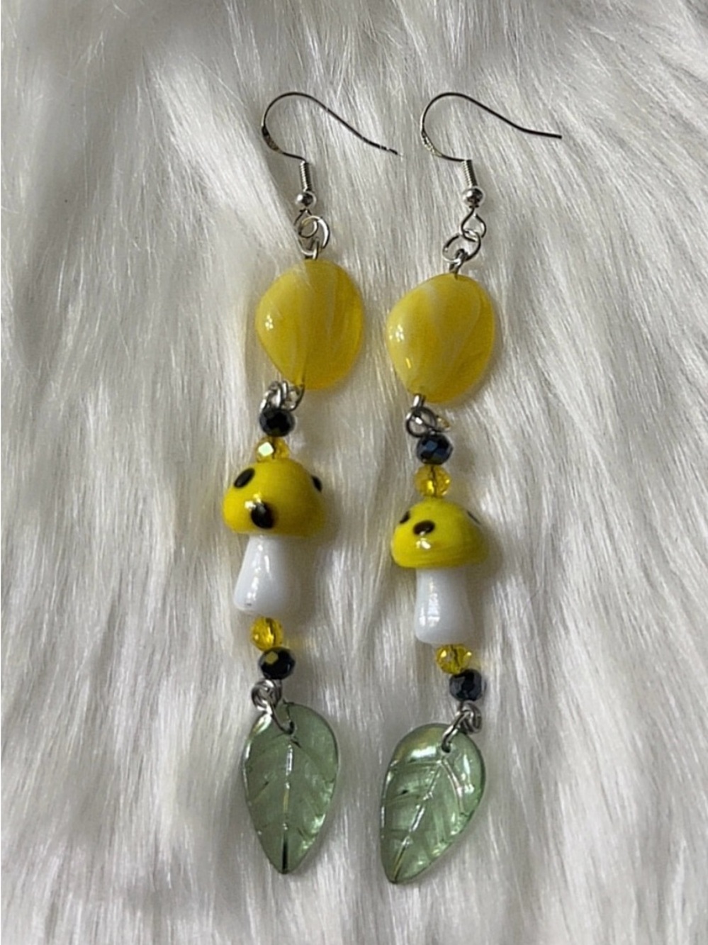 Handmade Yellow Mushroom Glass Drop Earrings with Green Leaf